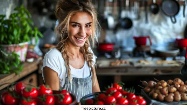 Smiling Young Woman in Kitchen Cooking