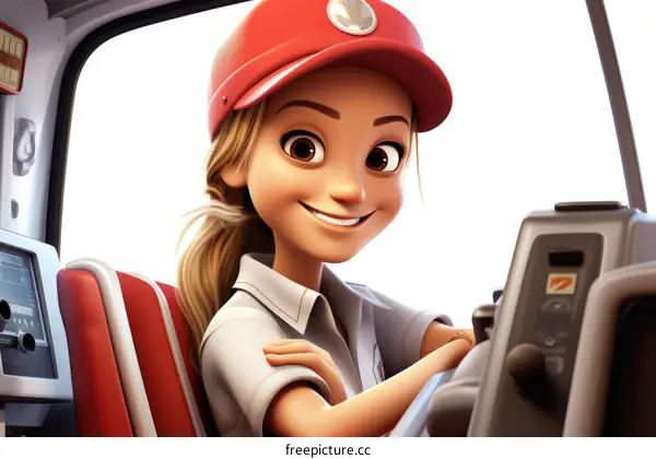 A firefighter wearing a red cap and white uniform is sitting in the driver's seat of a fire truck and smiling.