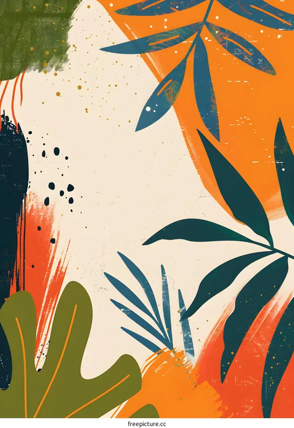 Tropical Leaves and Abstract Paint Strokes Art Illustration