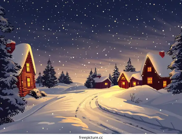 Snowy Village at Night