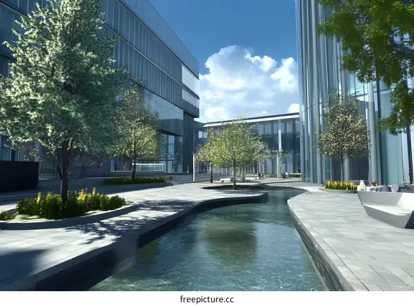 Modern Architecture Building with Water Feature and Trees