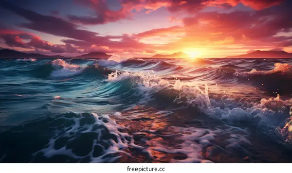 Sunset Over the Ocean with Crashing Waves