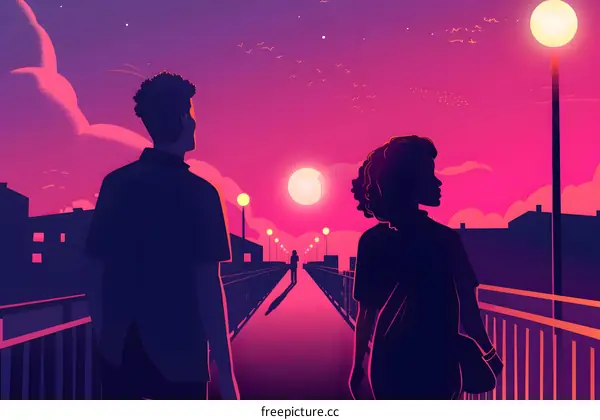 Silhouettes of Two People Walking Away From Each Other Under a Pink Sunset