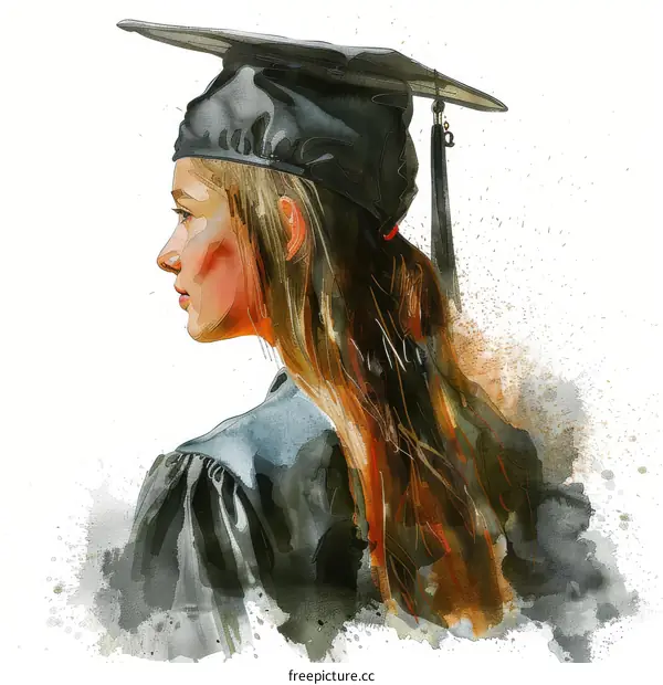 A female college graduate in a black graduation gown and cap, watercolor painting