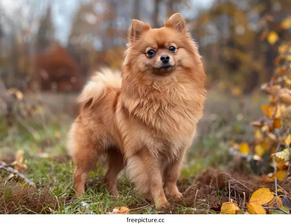An Adorable Pomeranian Dog Standing in a Field of Autumn Leaves