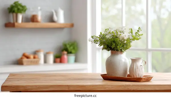Wooden Kitchen Table with Flowers and Vases