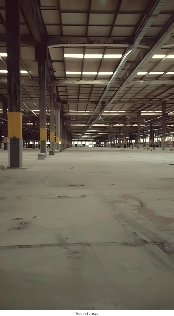 Empty Industrial Building Interior With Concrete Floor And Metal Beams