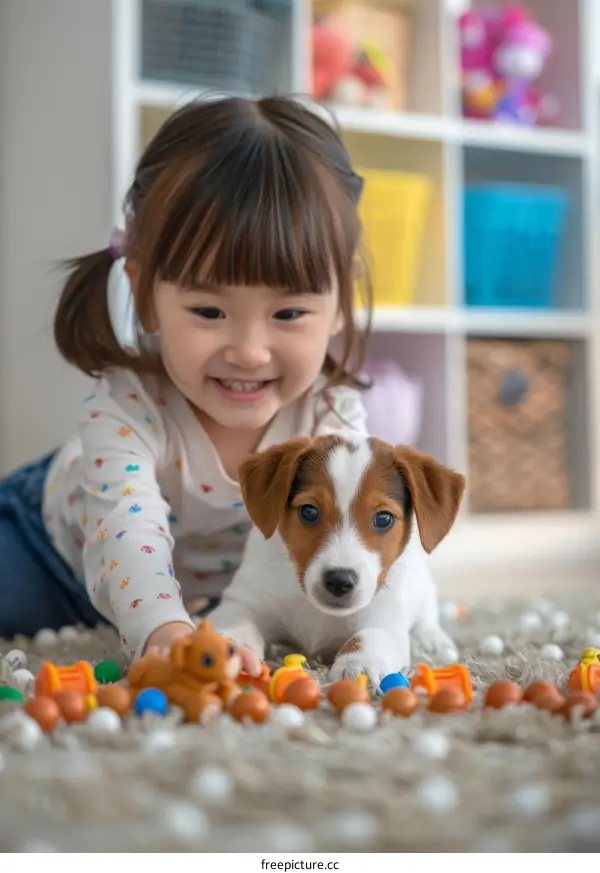 Asian toddler girl playing with a puppy