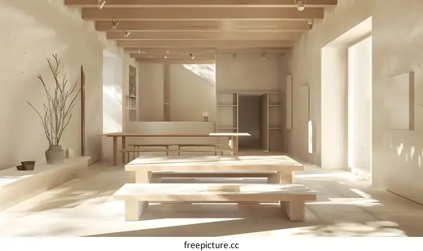 Minimalist Interior Design with Wooden Beams and Natural Light