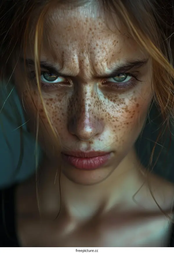 Close-up portrait of a young woman with freckles