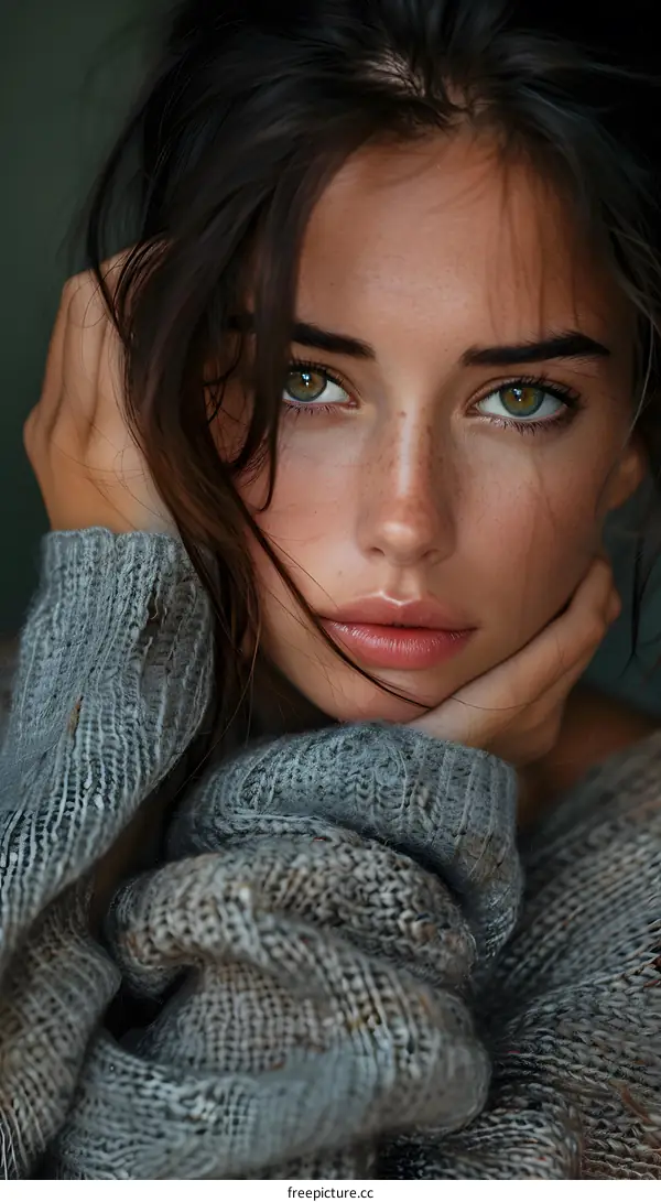 portrait of a beautiful young woman with green eyes and freckles