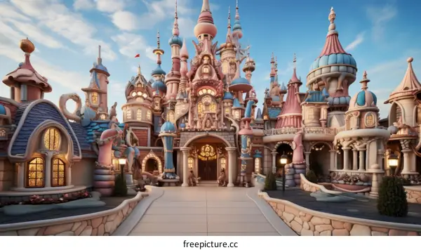 A whimsical and colorful 3D rendering of a fairytale castle