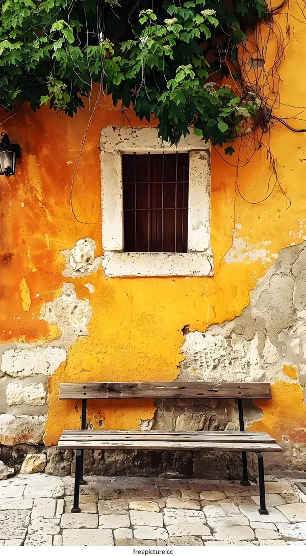 Old Bench In Front Of A Yellow Wall With Vines
