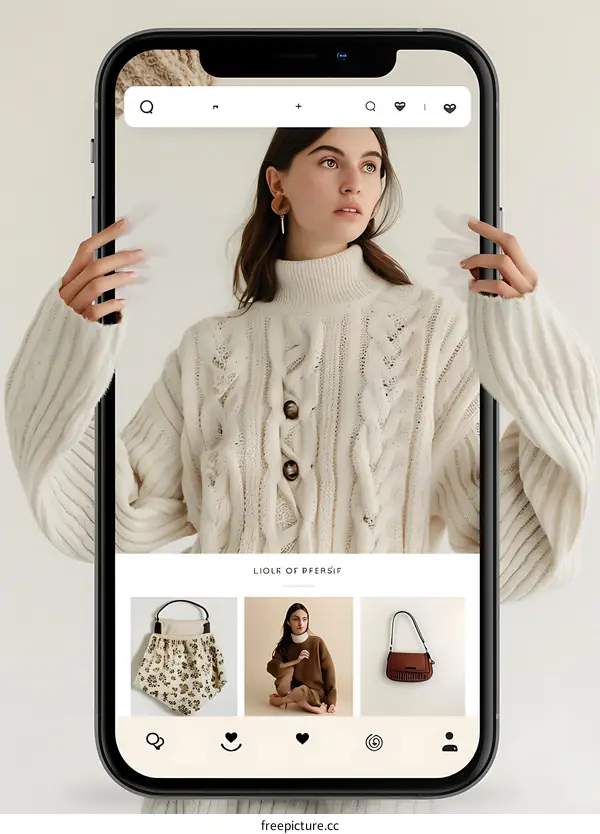Woman In White Cable Knit Sweater On A Phone Screen