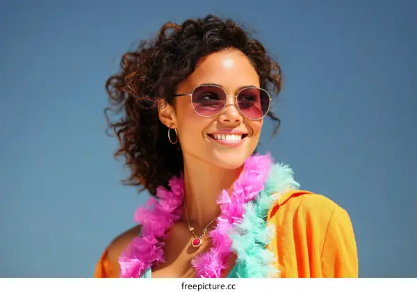 Smiling Woman Wearing Sunglasses and Flower Lei on a Sunny Day