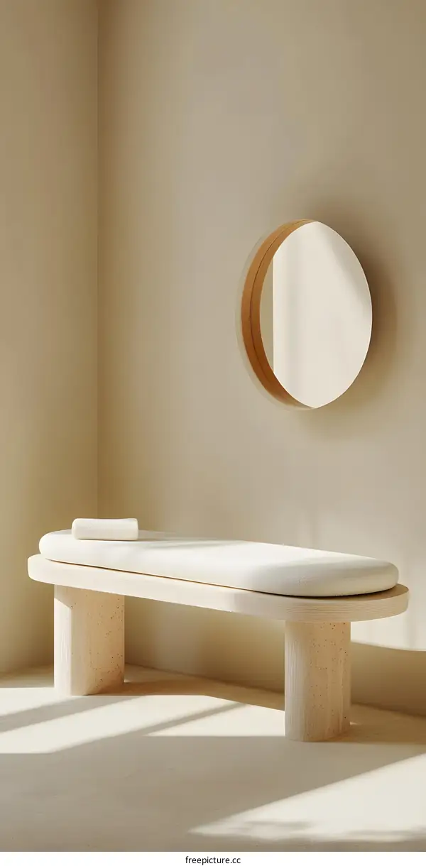 Modern Minimalist Interior Design with a Round Mirror and a Wooden Bench