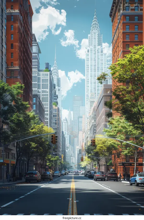 City Street Scene with Skyscrapers and Cars