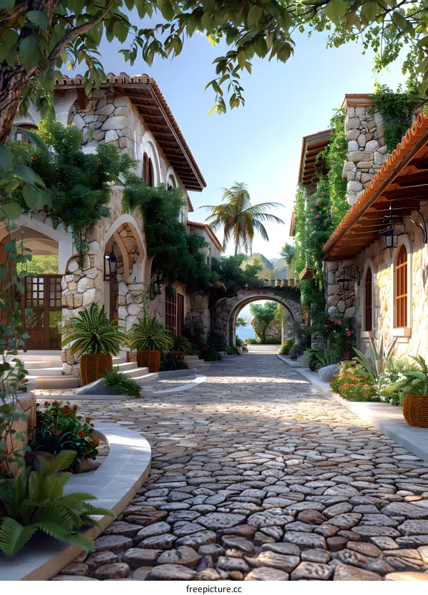 Stone buildings with archways and cobblestone streets in a Mediterranean village