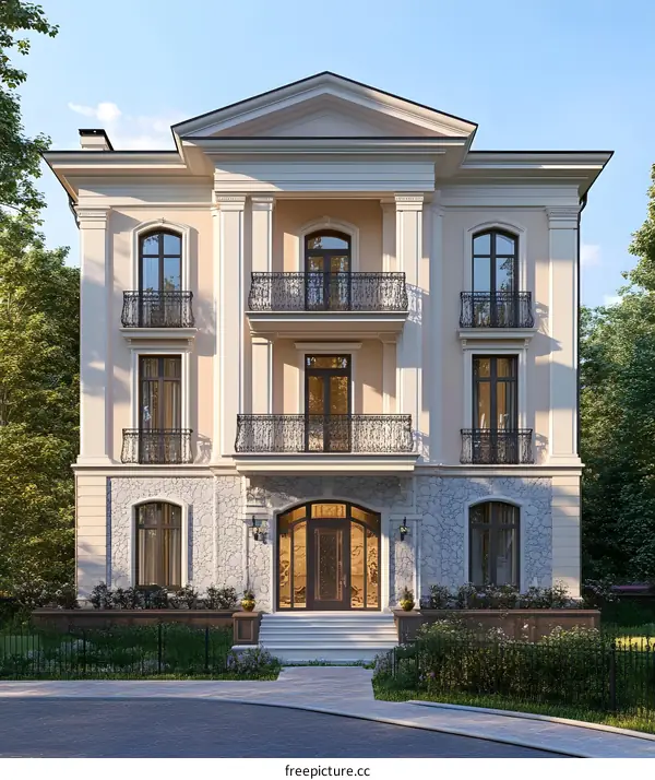 Classic Style Mansion with Stone Facade and Black Iron Railings