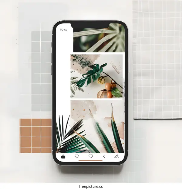 Green Leaves on a Phone Screen with a Grid Background