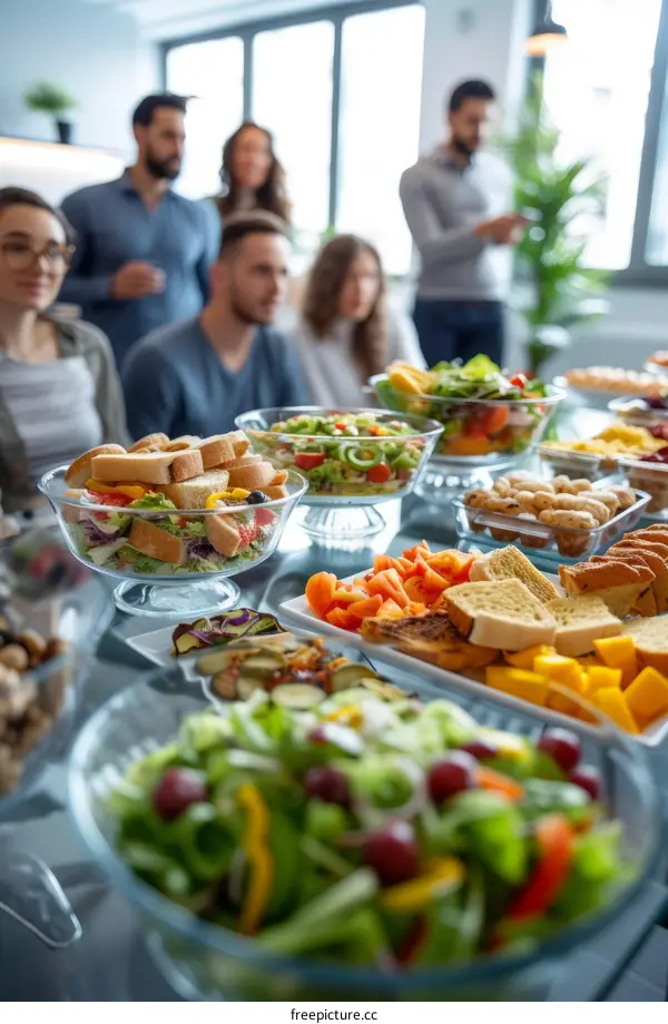 Colleagues discussing about the fresh and healthy food options during lunch break