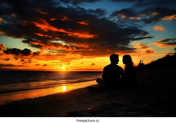 Silhouette of a Couple Watching the Sunset on a Beach