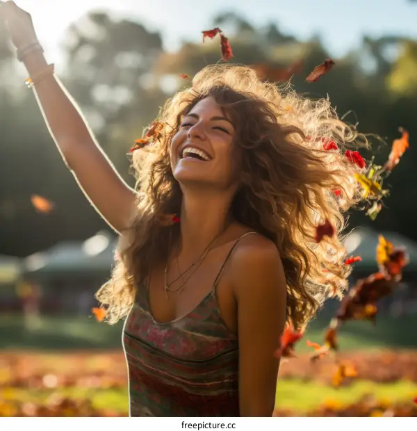 carefree young woman with curly hair laughing while autumn leaves fall around her