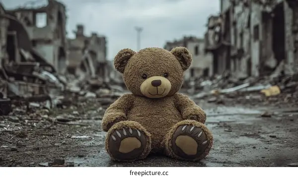 Teddy Bear in War-Torn Cityscape