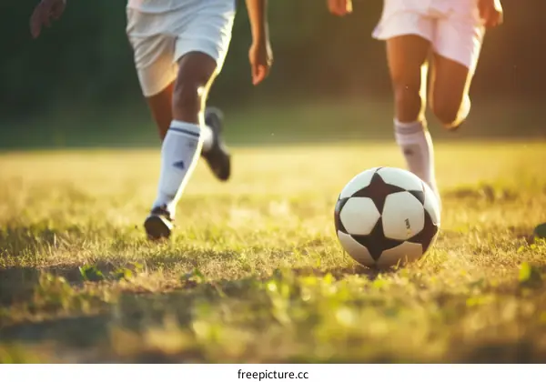 Two kids playing soccer on a field