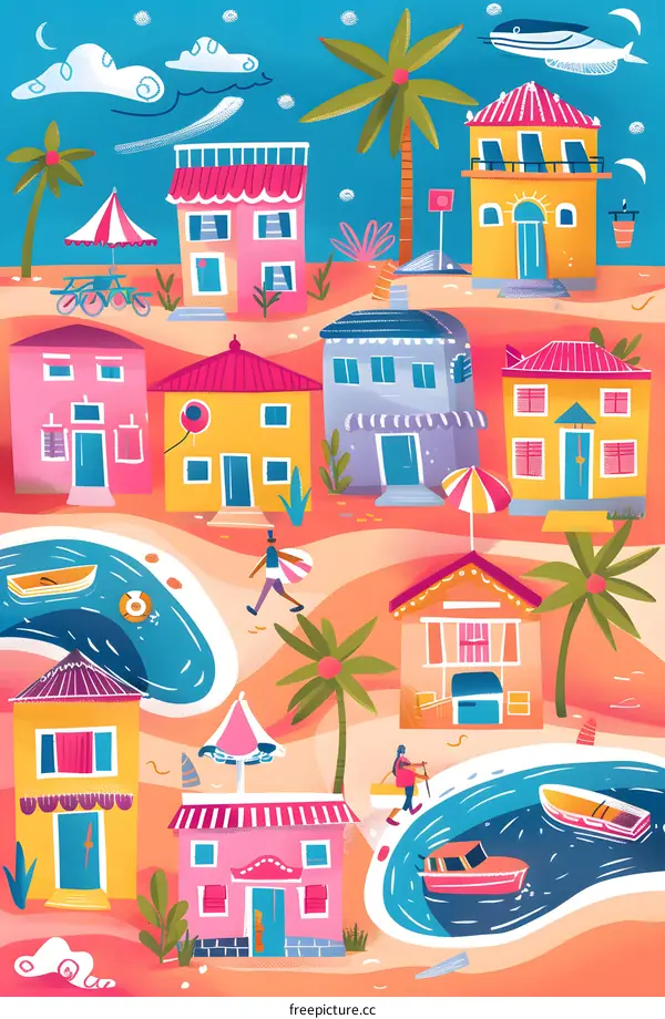 Colorful Illustration Of A Small Seaside Town