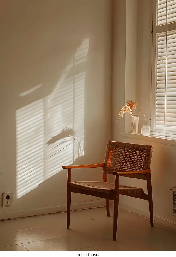 Wooden Chair in a Room with Sunlight Through Blinds