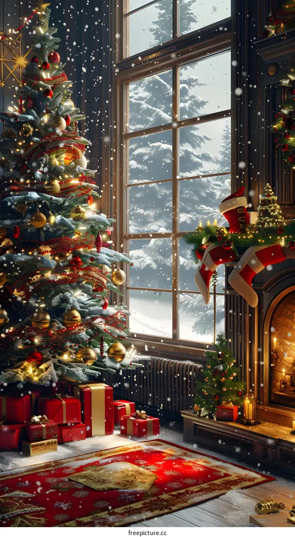 Christmas tree by the fireplace