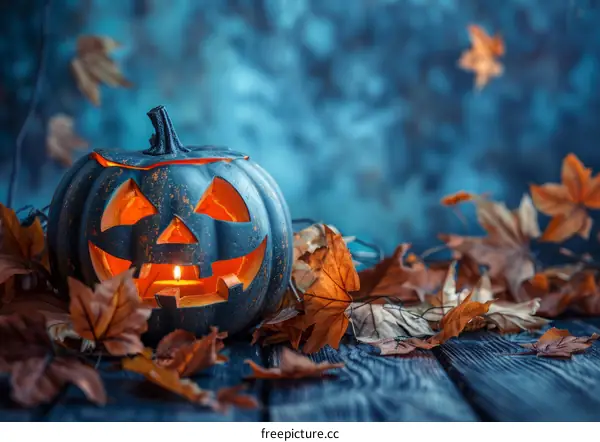 Spooky Halloween Pumpkin Jack O Lantern With Candle And Fall Leaves