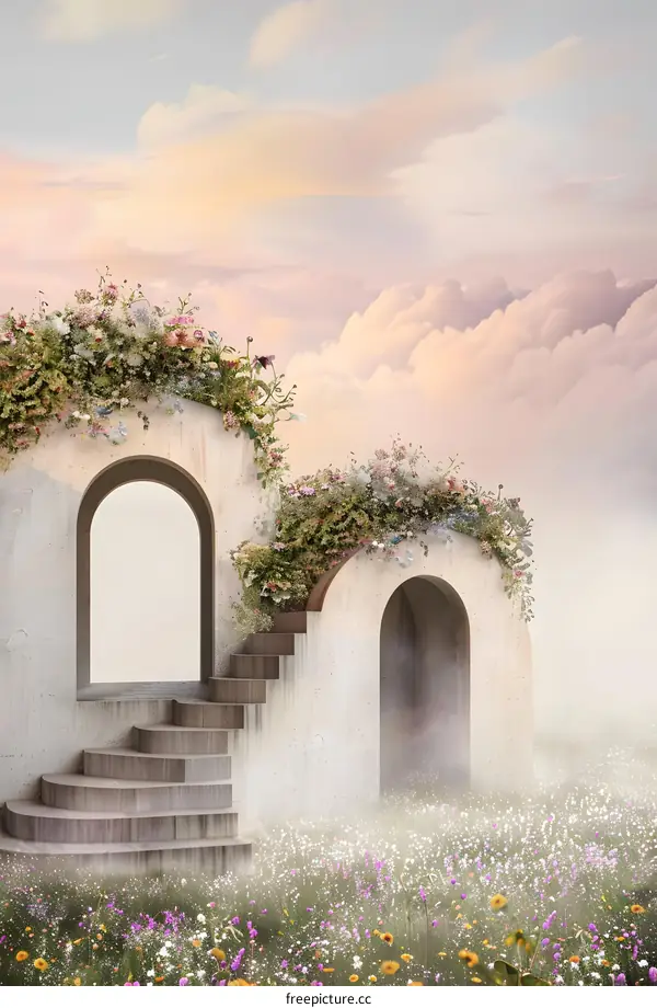 Dreamy Flowers And Archways Fantasy Illustration