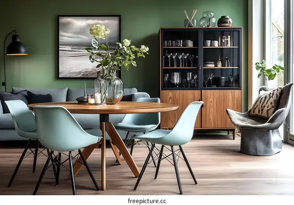 Modern Dining Area with Green Accent Wall