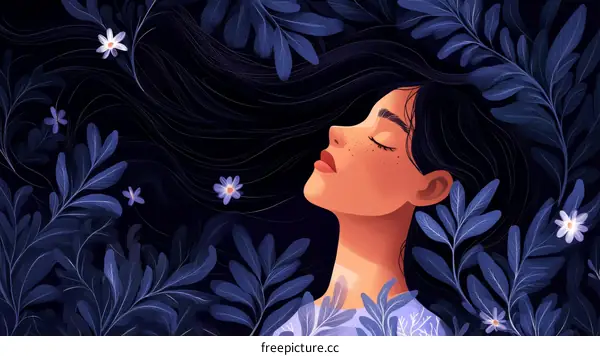 Peaceful Girl Surrounded by Night Flowers and Leaves