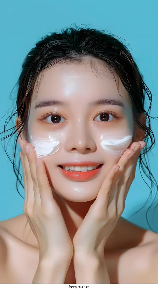 Beautiful Asian Woman Applying Cream on Face
