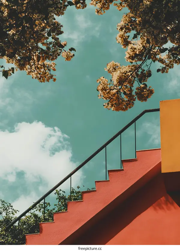 Red Stairway Leading Up to a Blue Sky With White Clouds and Flowers