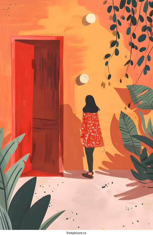 Woman in Red Coat Standing by Red Door