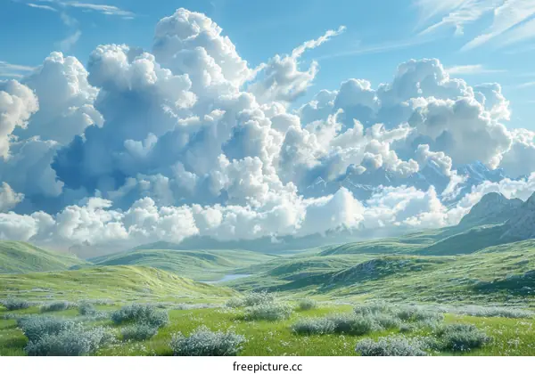 Rolling Green Hills Against a Blue Sky with White Clouds