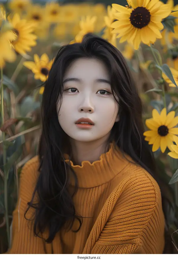 Portrait of a Young Woman in a Field of Sunflowers