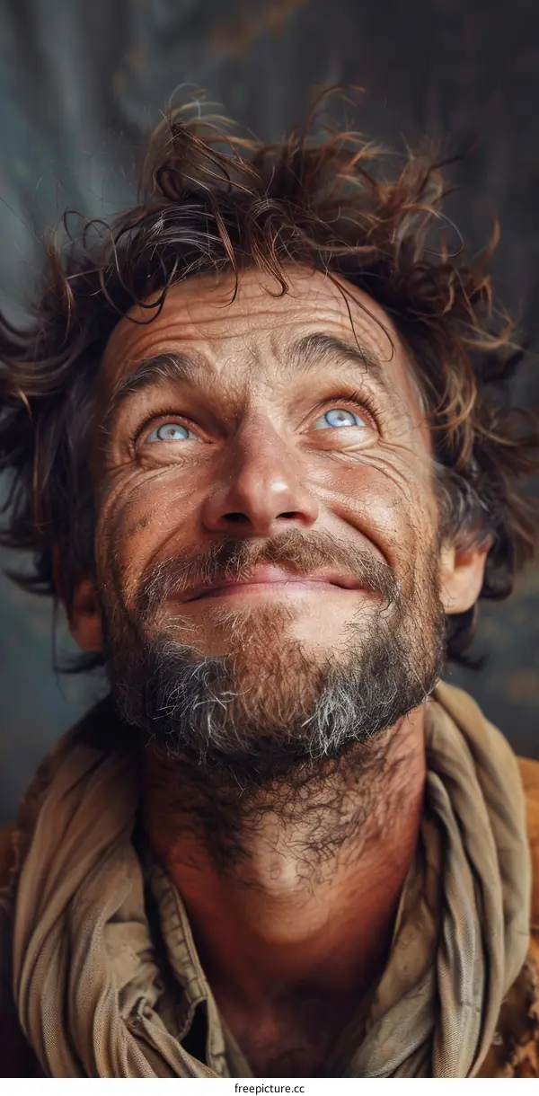 Close Up Portrait of a Man with Blue Eyes Looking Up