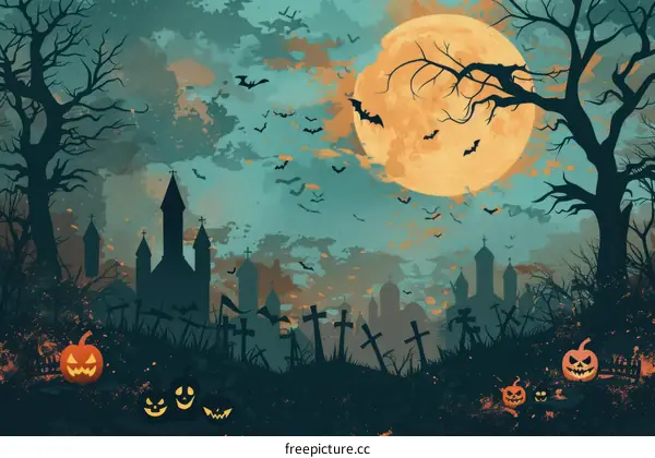 Spooky Graveyard on Halloween Night with a Full Moon and Bats