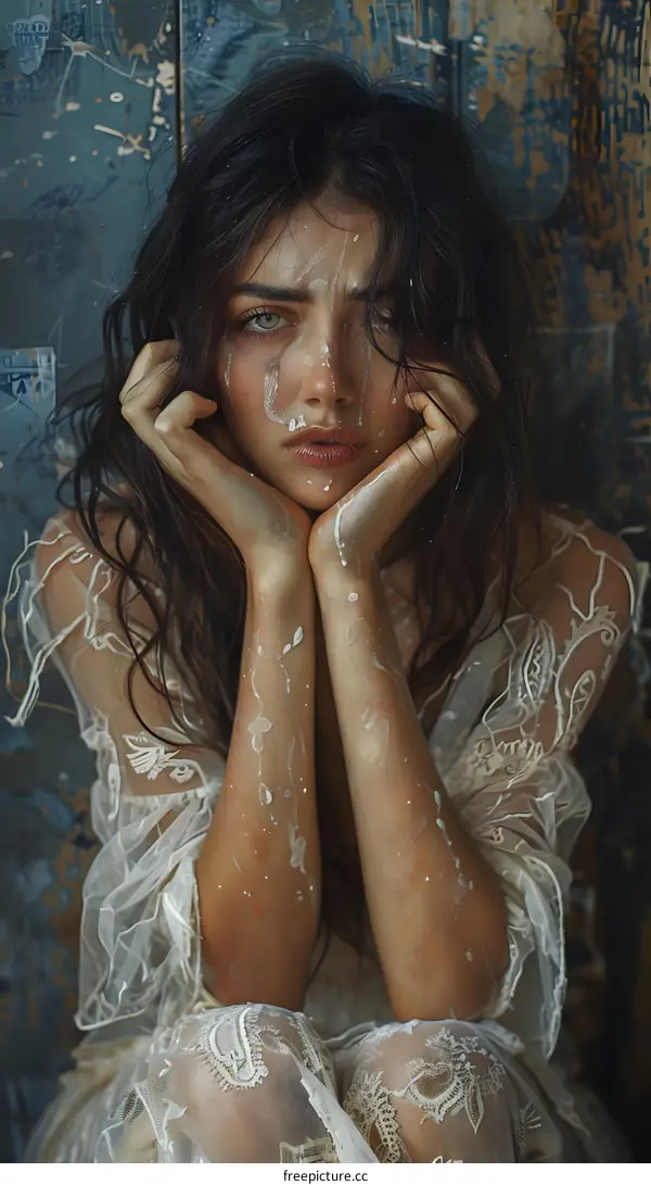 Portrait of a young woman with white substance on her face