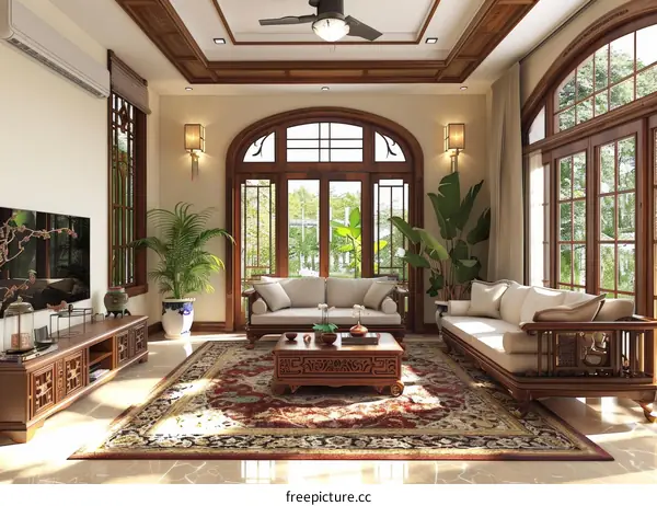 Luxury Living Room Interior Design With Wooden Furnishings And A Large Window