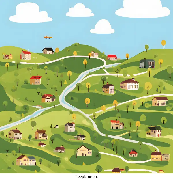Cartoon Illustration of a Small Village in a Valley