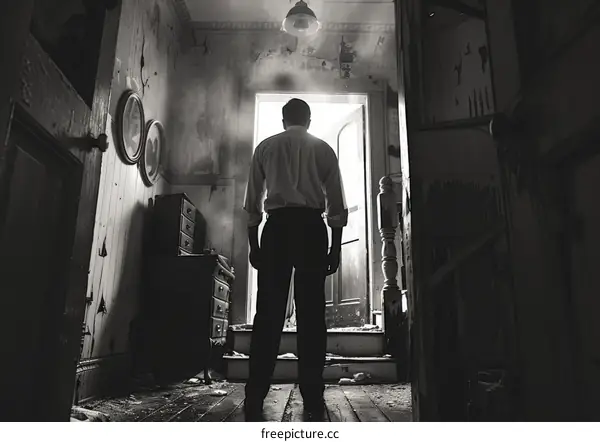 Man standing in a dark hallway looking at the light