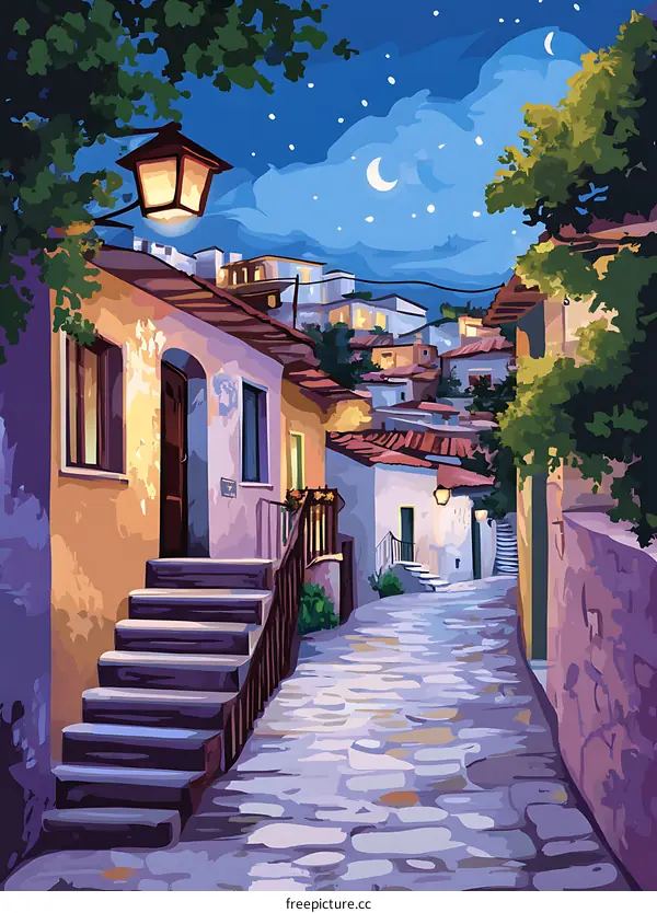 Night Street in Old Town with Stars and Moon