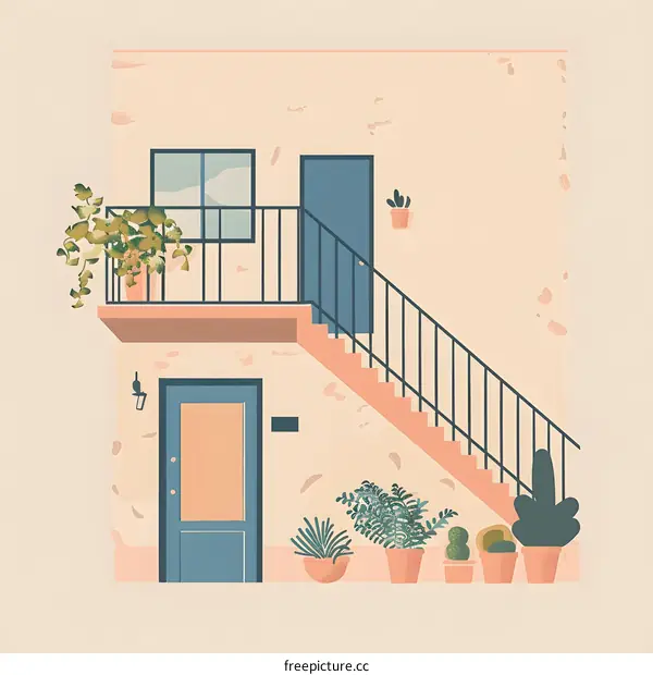 Illustration of a Modern House with Stairway and Plants