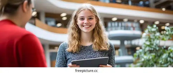 Smiling Woman Holding Tablet In Modern Building